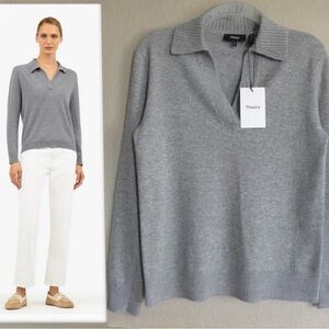 NEW THEORY Cashmere Soft Slouchy POLO Pullover Sweater, Collar $375 Grey, Large